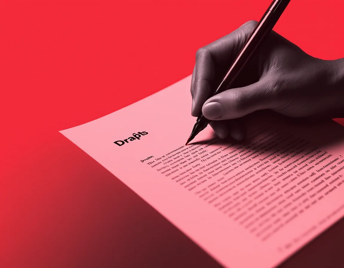 A hand marking up a printed draft in coral ink